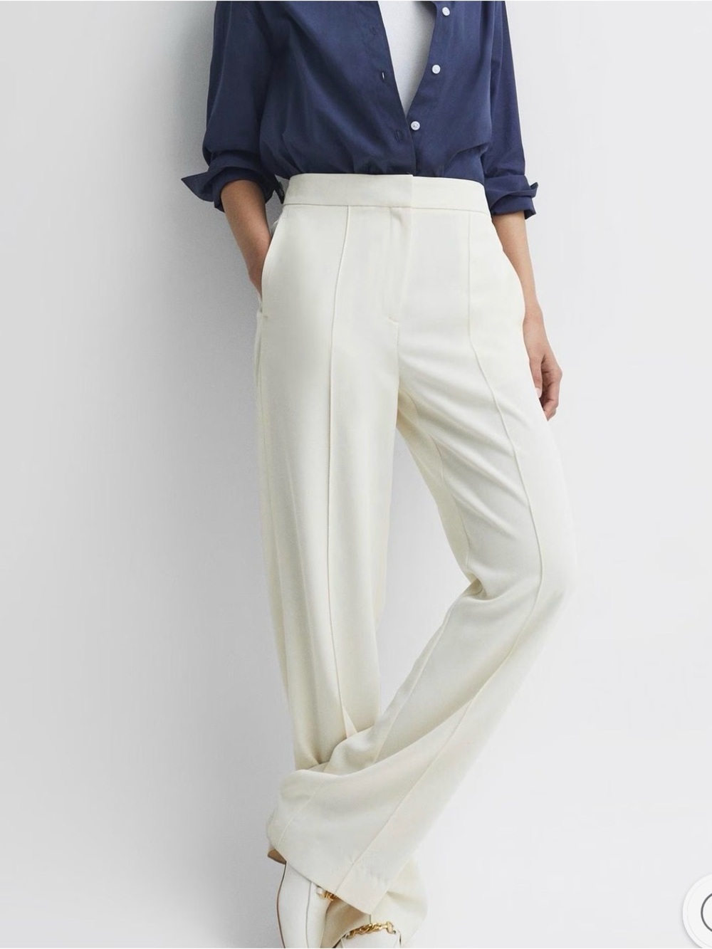 REISS Aleah Elasticated Waist Wide Leg Trousers in Cream US 6